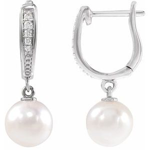 14K White Gold Cultured White Akoya Pearl & .03 CTW Natural Diamond Earrings