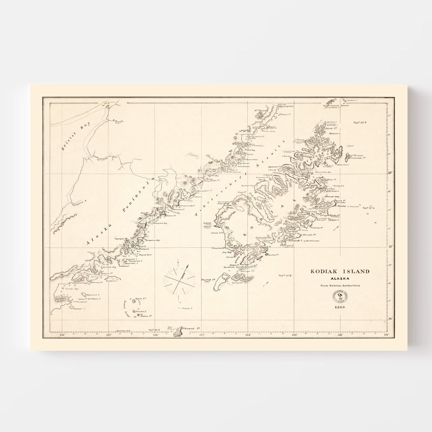 Vintage Kodiak Island, AK Map 1869