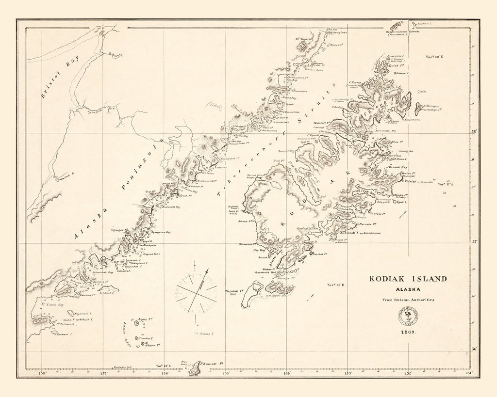 Vintage Kodiak Island, AK Map 1869