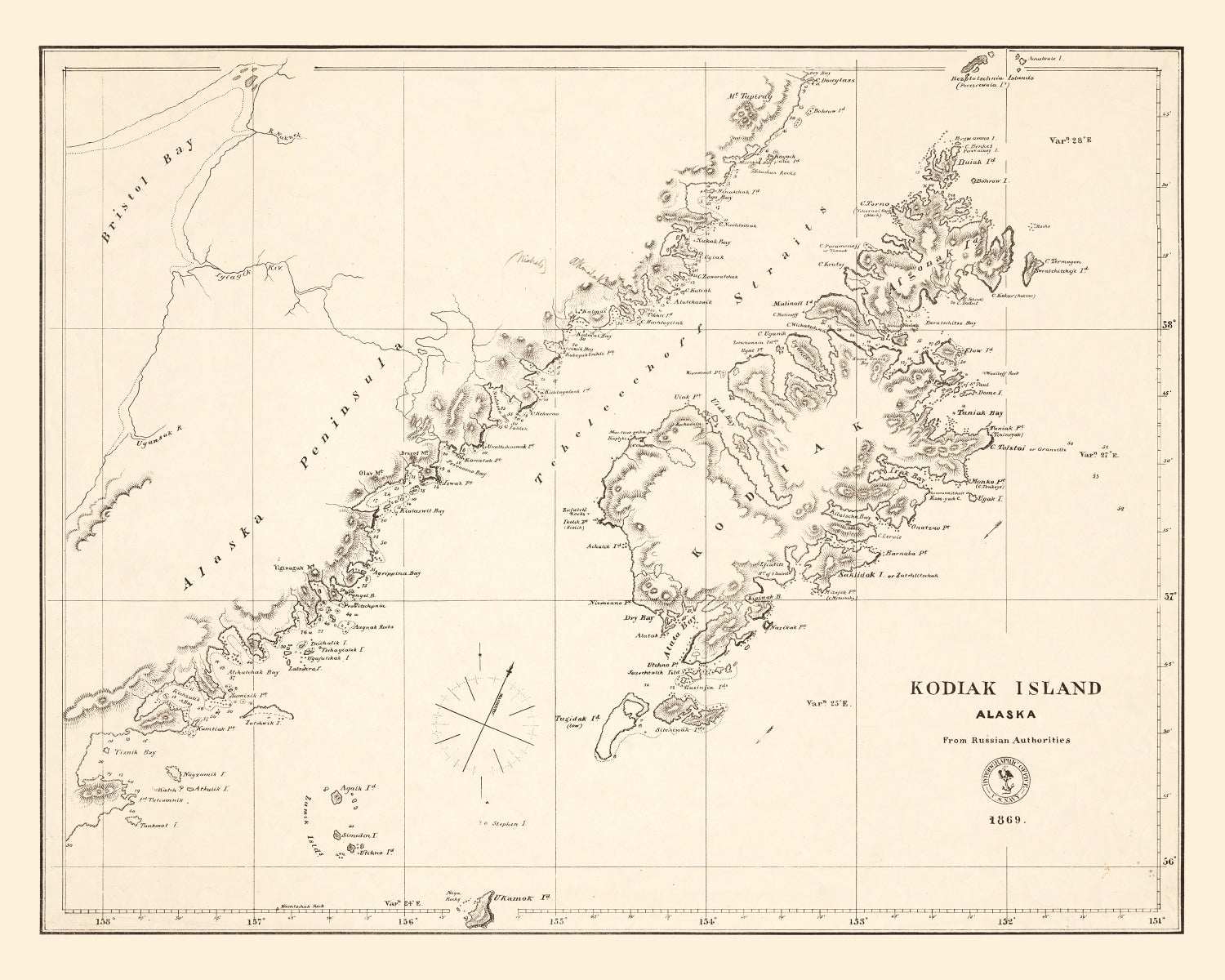 Vintage Kodiak Island, AK Map 1869
