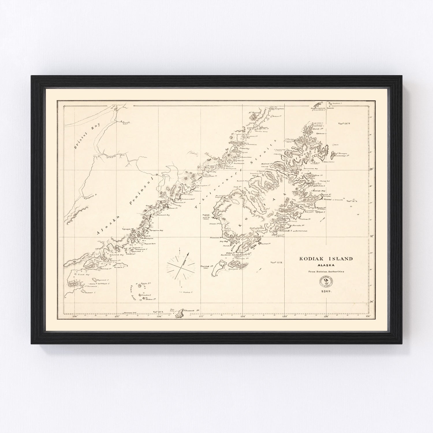 Vintage Kodiak Island, AK Map 1869