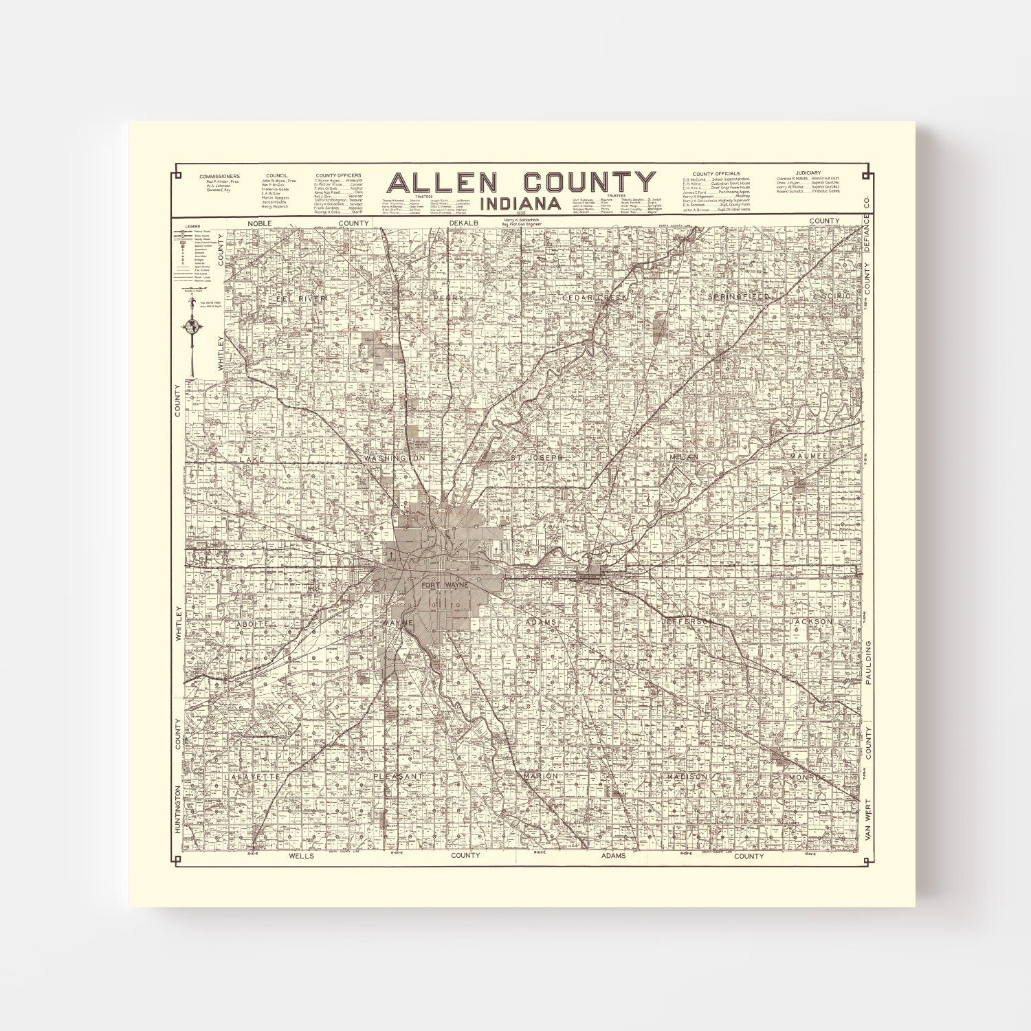 Vintage Map of Allen County, Indiana 1935