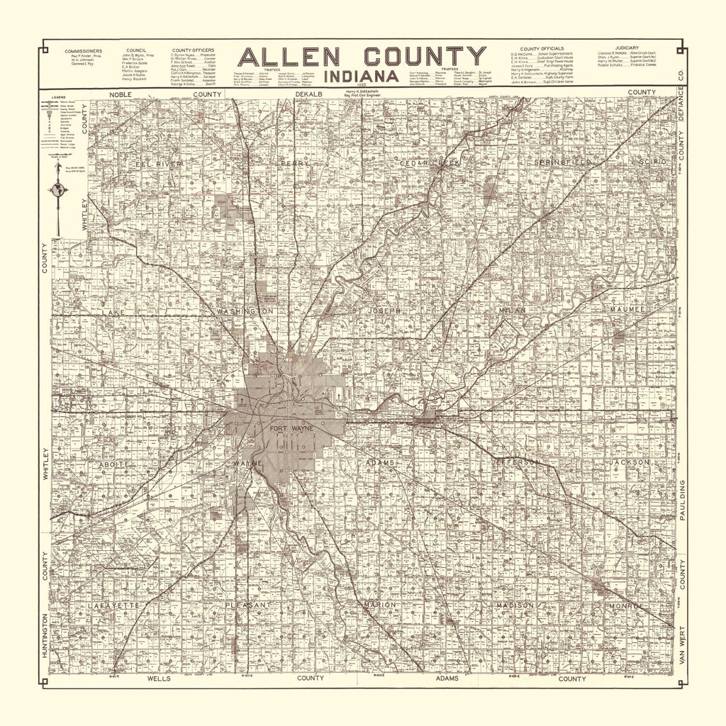 Vintage Map of Allen County, Indiana 1935