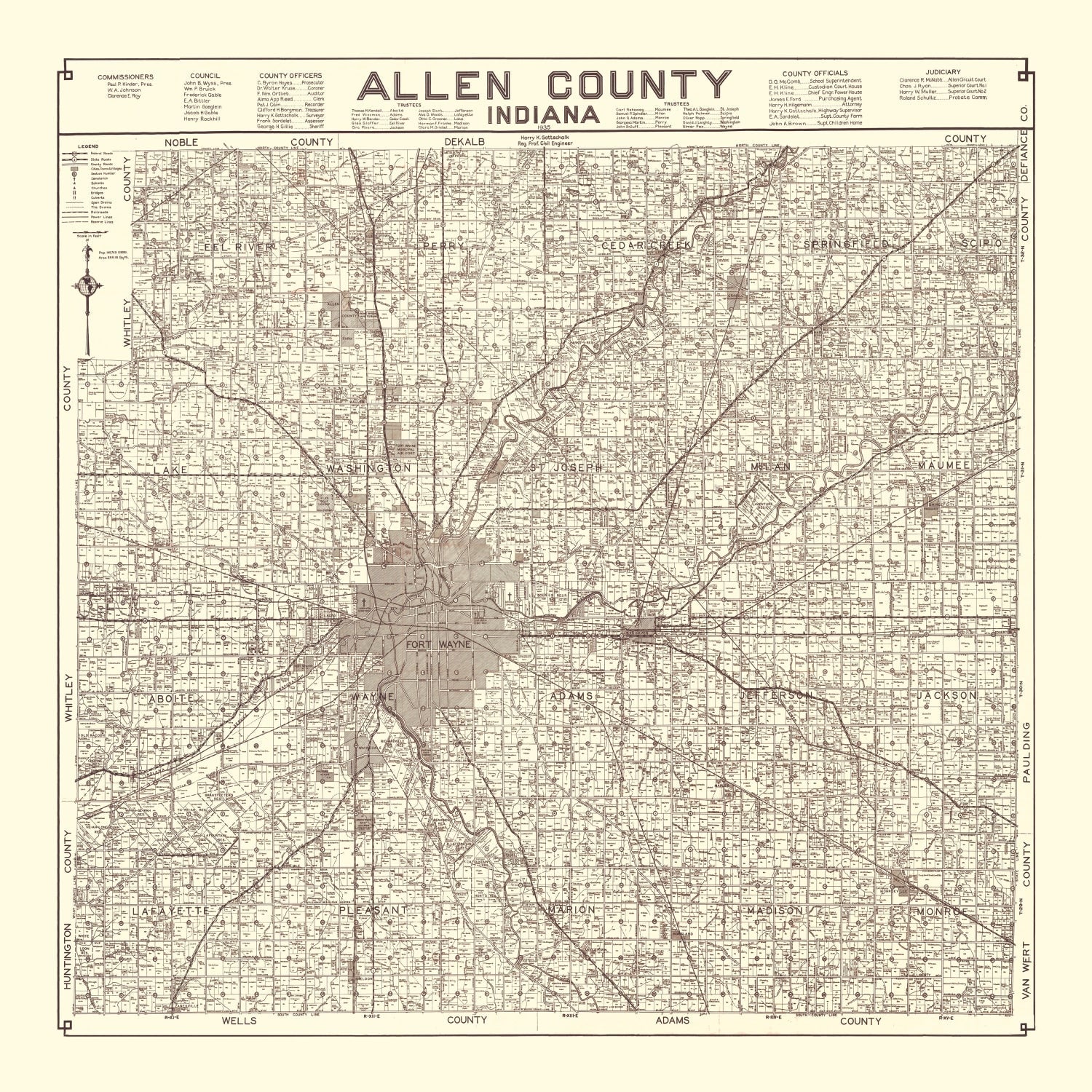 Vintage Map of Allen County, Indiana 1935