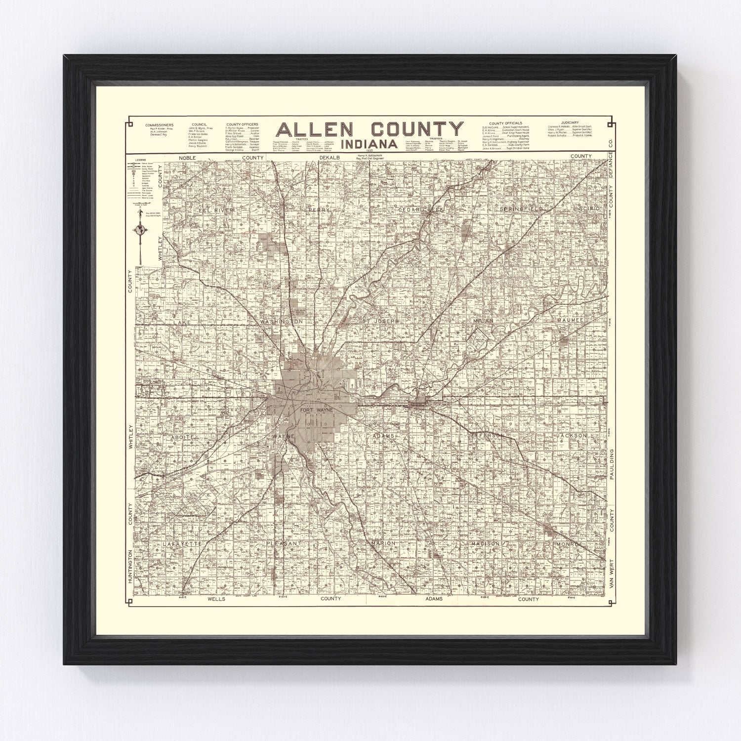 Vintage Map of Allen County, Indiana 1935