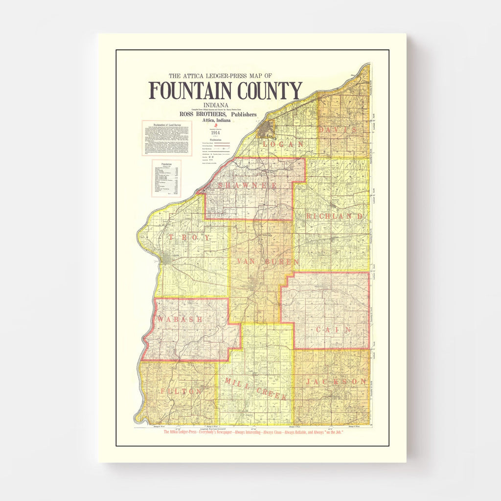 Vintage Map of Attica County, Indiana 1914