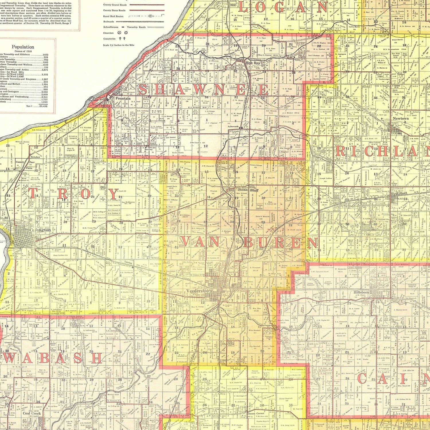 Vintage Map of Attica County, Indiana 1914
