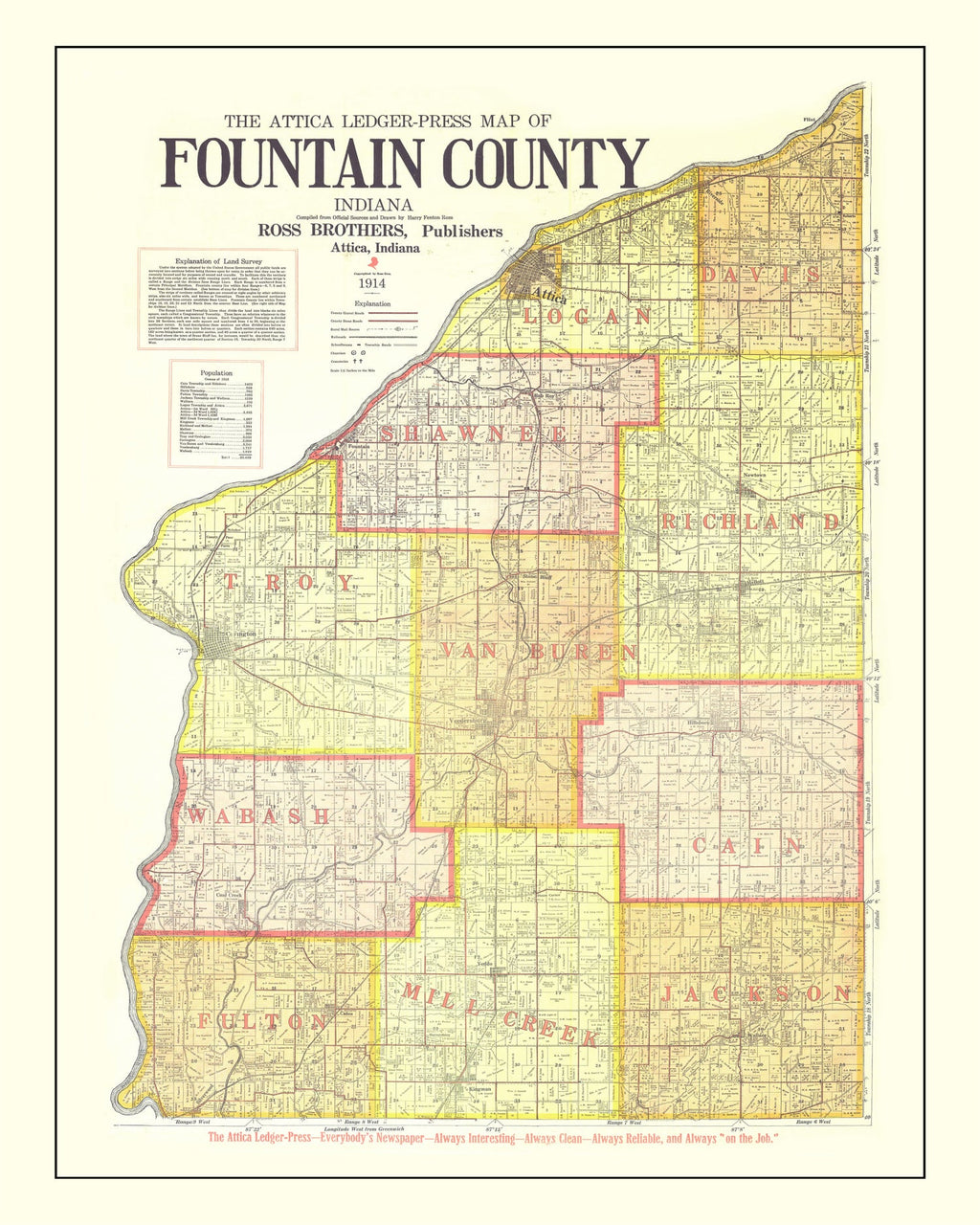 Vintage Map of Attica County, Indiana 1914