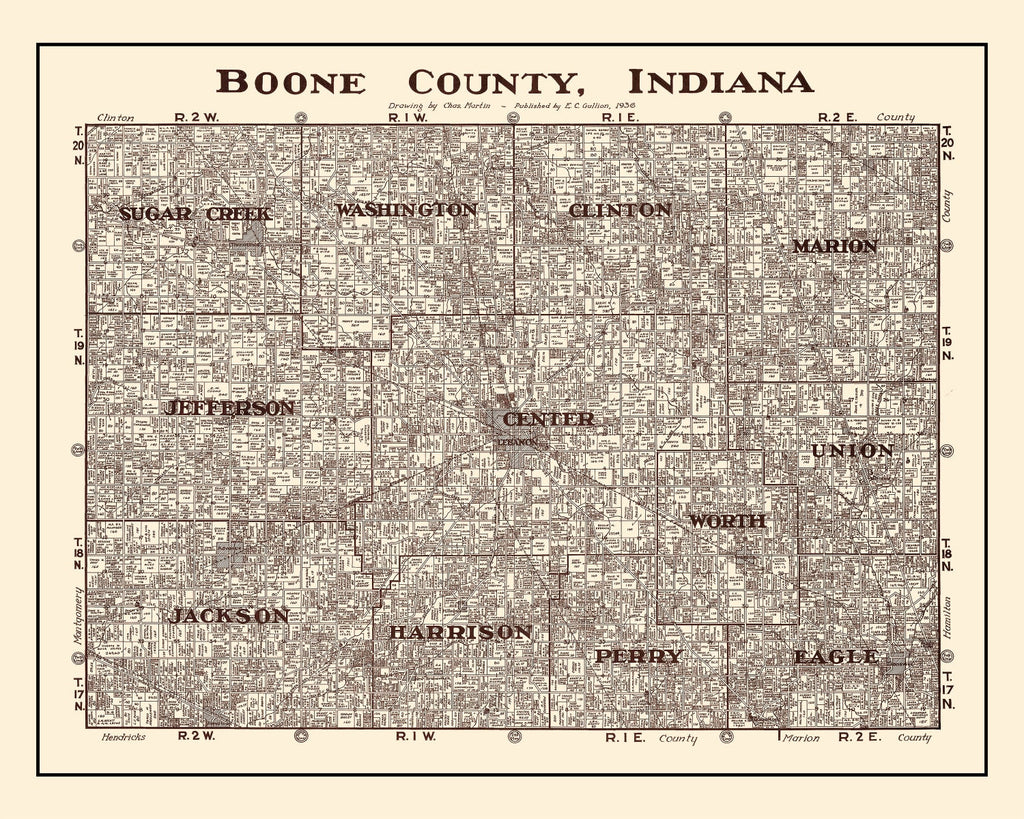 Vintage Map of Boone County, Indiana 1936