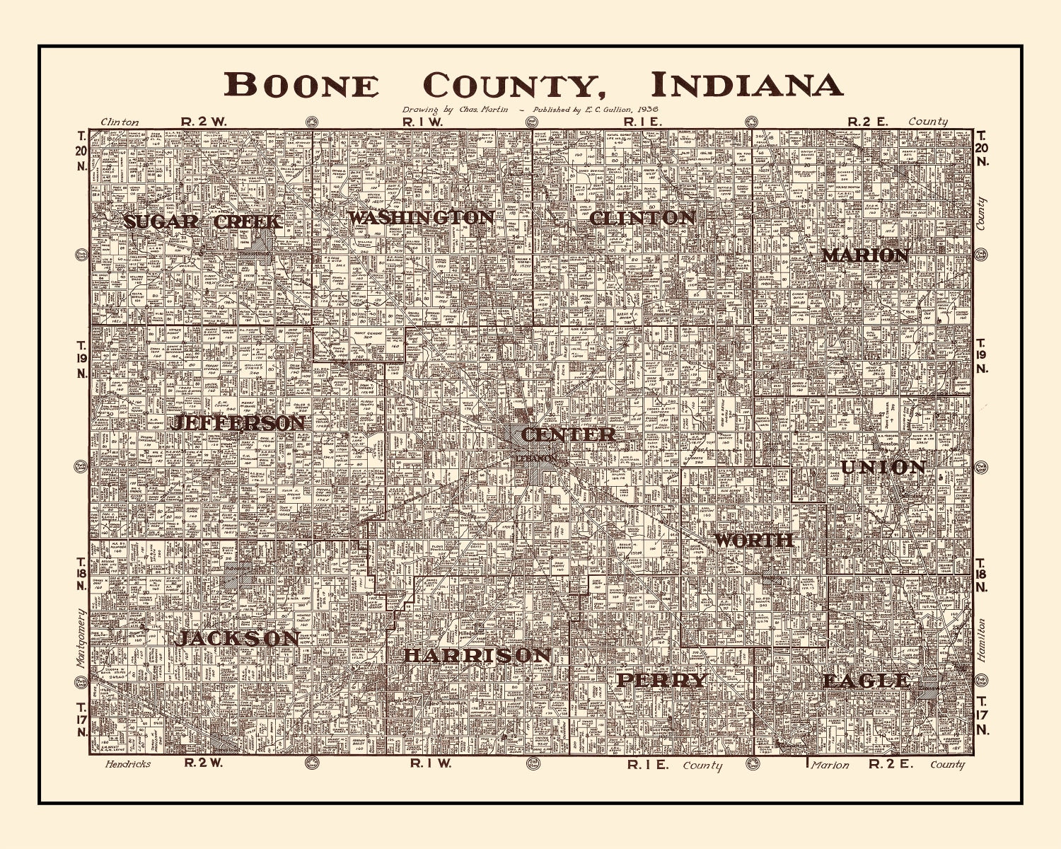 Vintage Map of Boone County, Indiana 1936