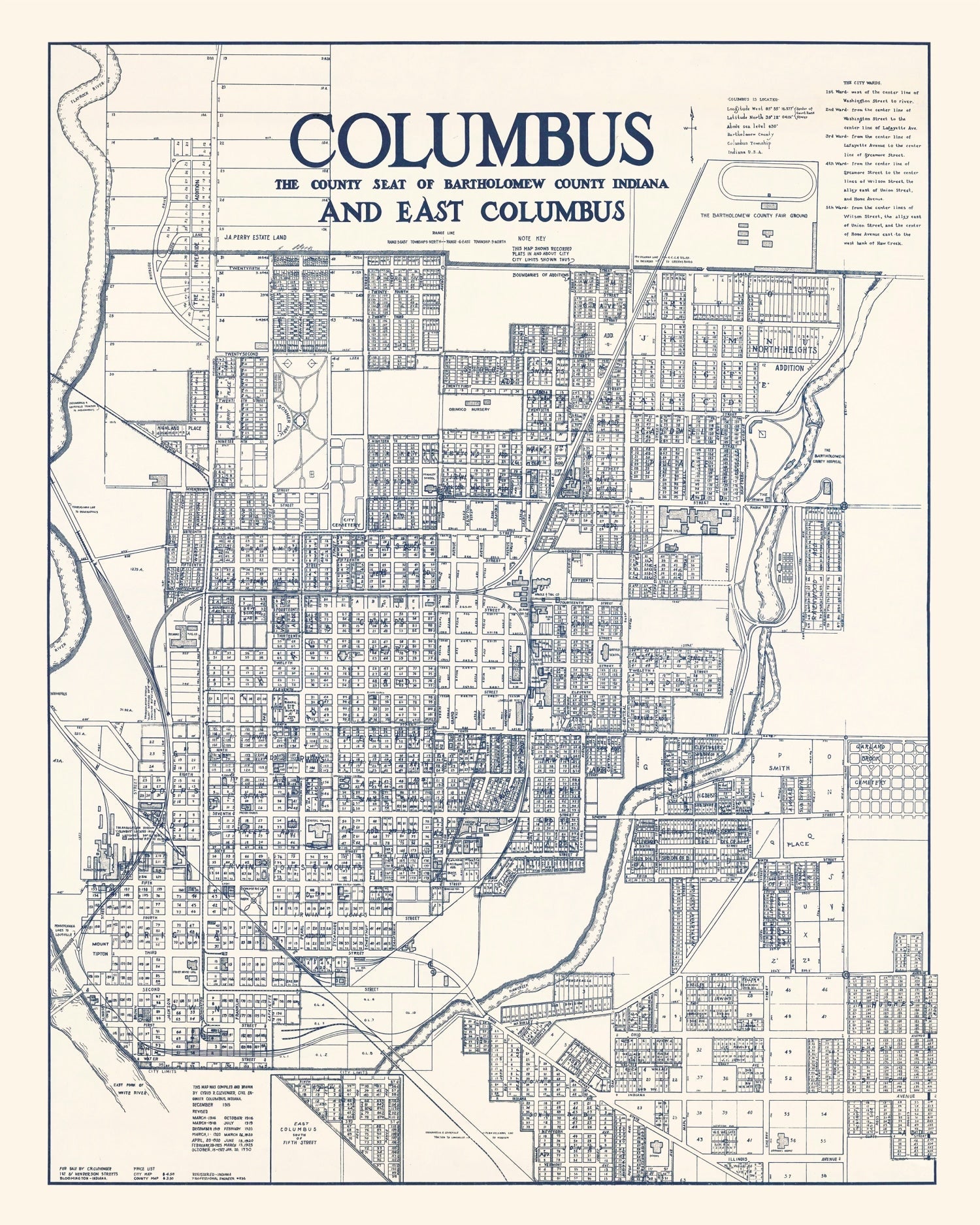 Vintage Map of Columbus, Indiana 1930