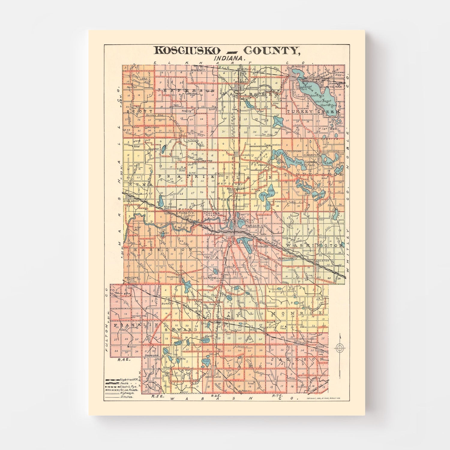 Vintage Map of Kosciusko County, Indiana 1908
