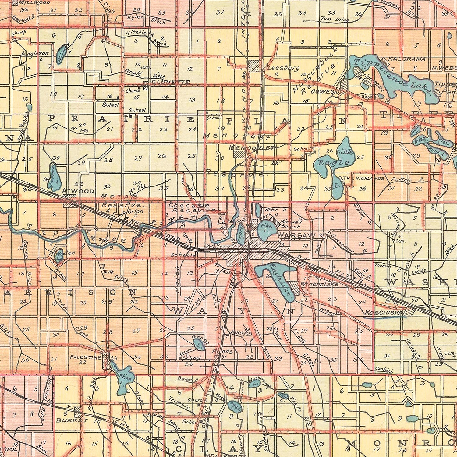 Vintage Map of Kosciusko County, Indiana 1908