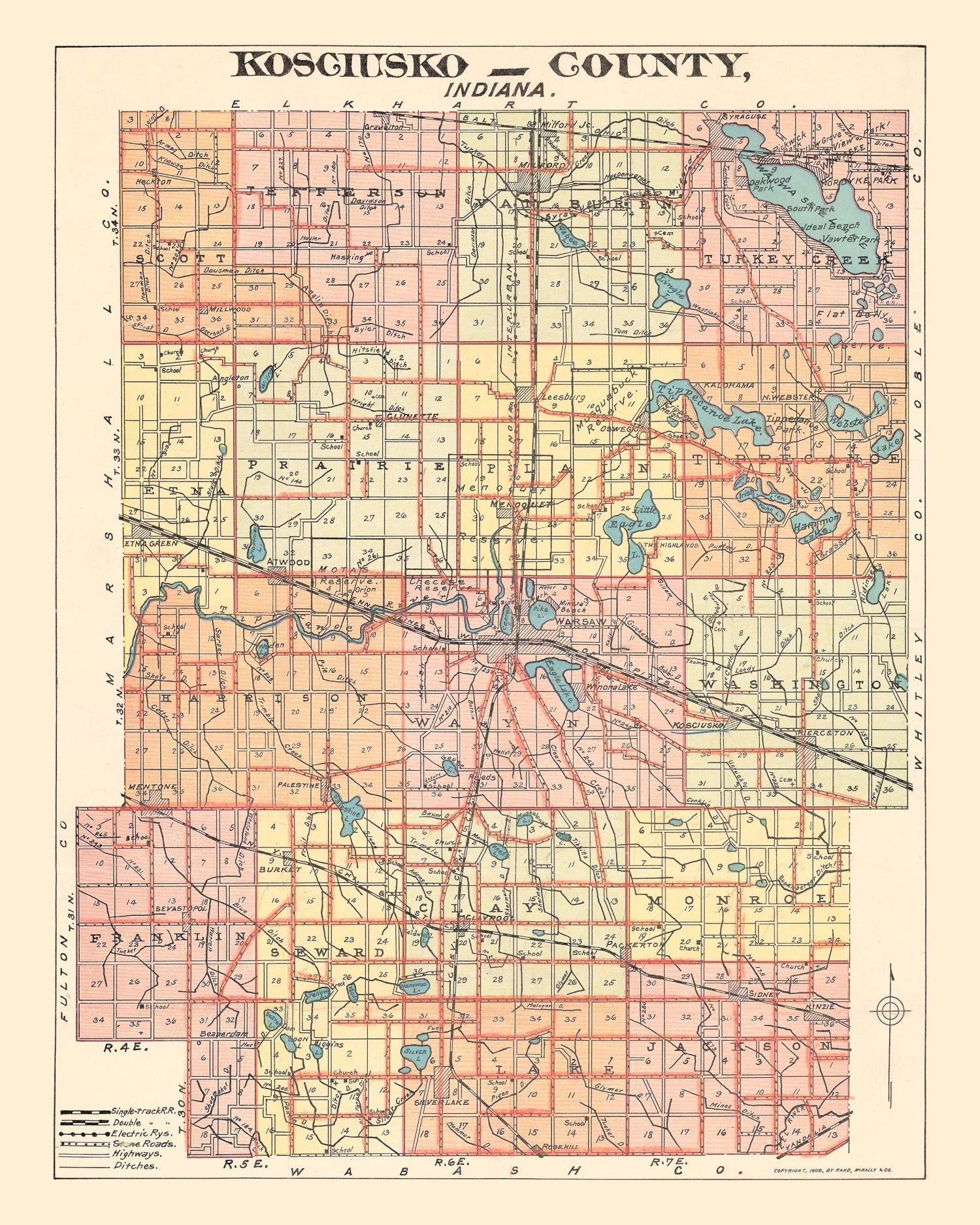 Vintage Map of Kosciusko County, Indiana 1908