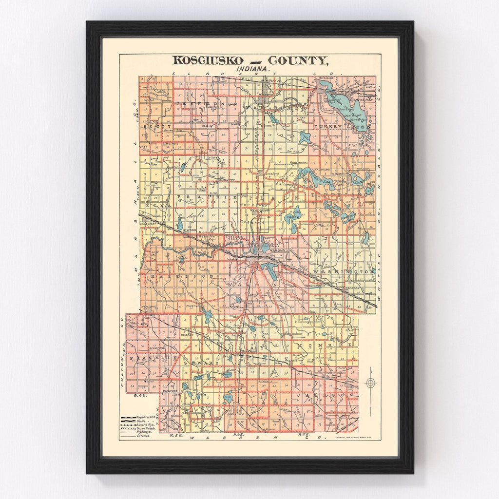 Vintage Map of Kosciusko County, Indiana 1908
