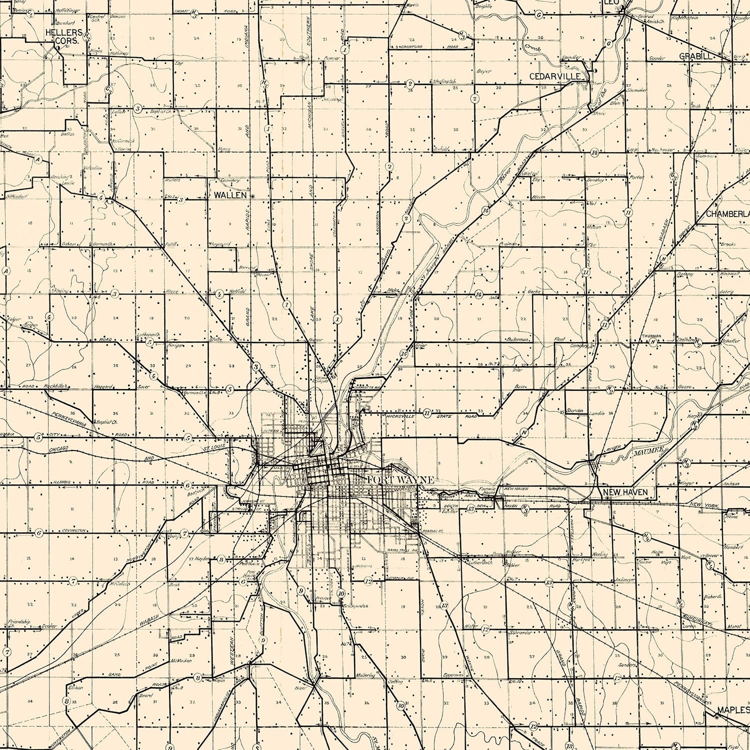Vintage Map of Allen County, Indiana 1910