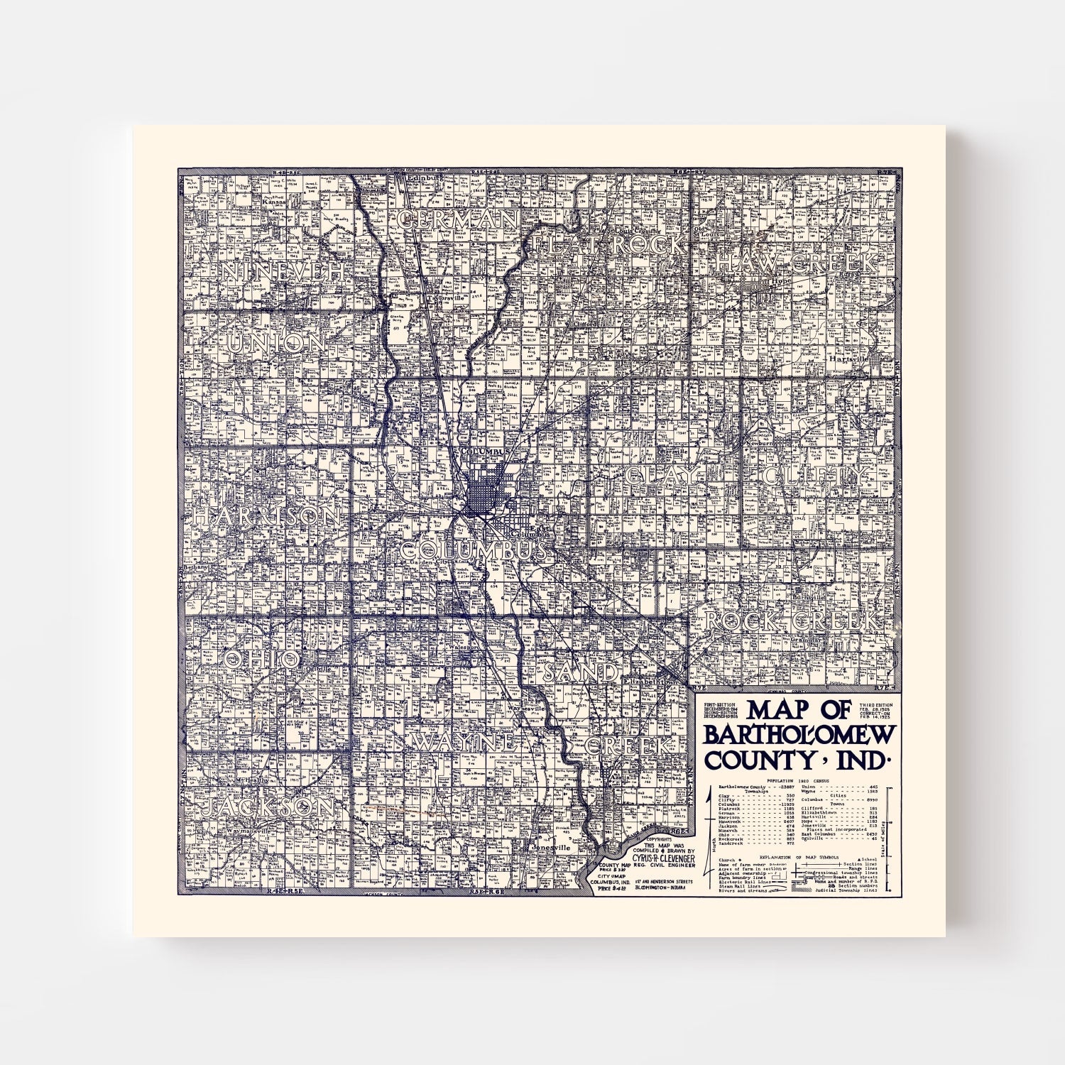 Vintage Map of Bartholomew County, Indiana 1925