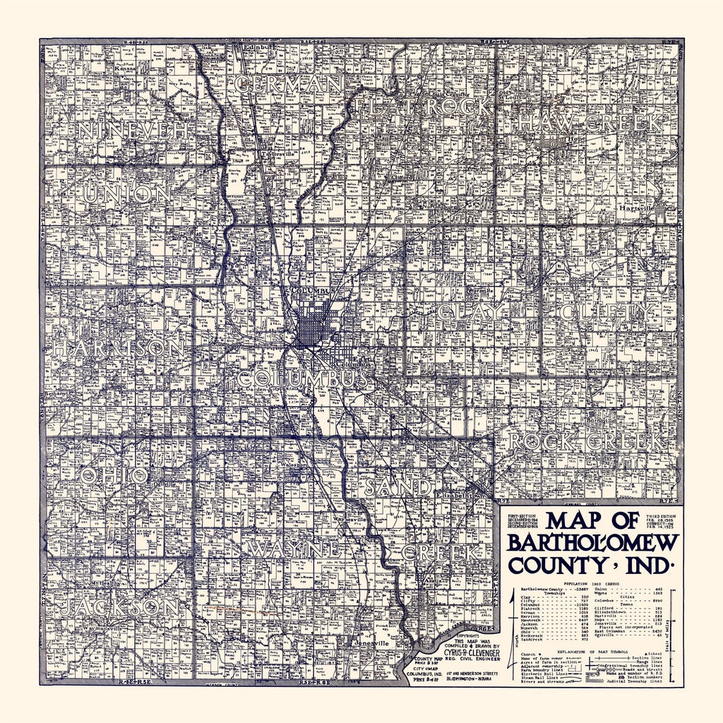 Vintage Map of Bartholomew County, Indiana 1925