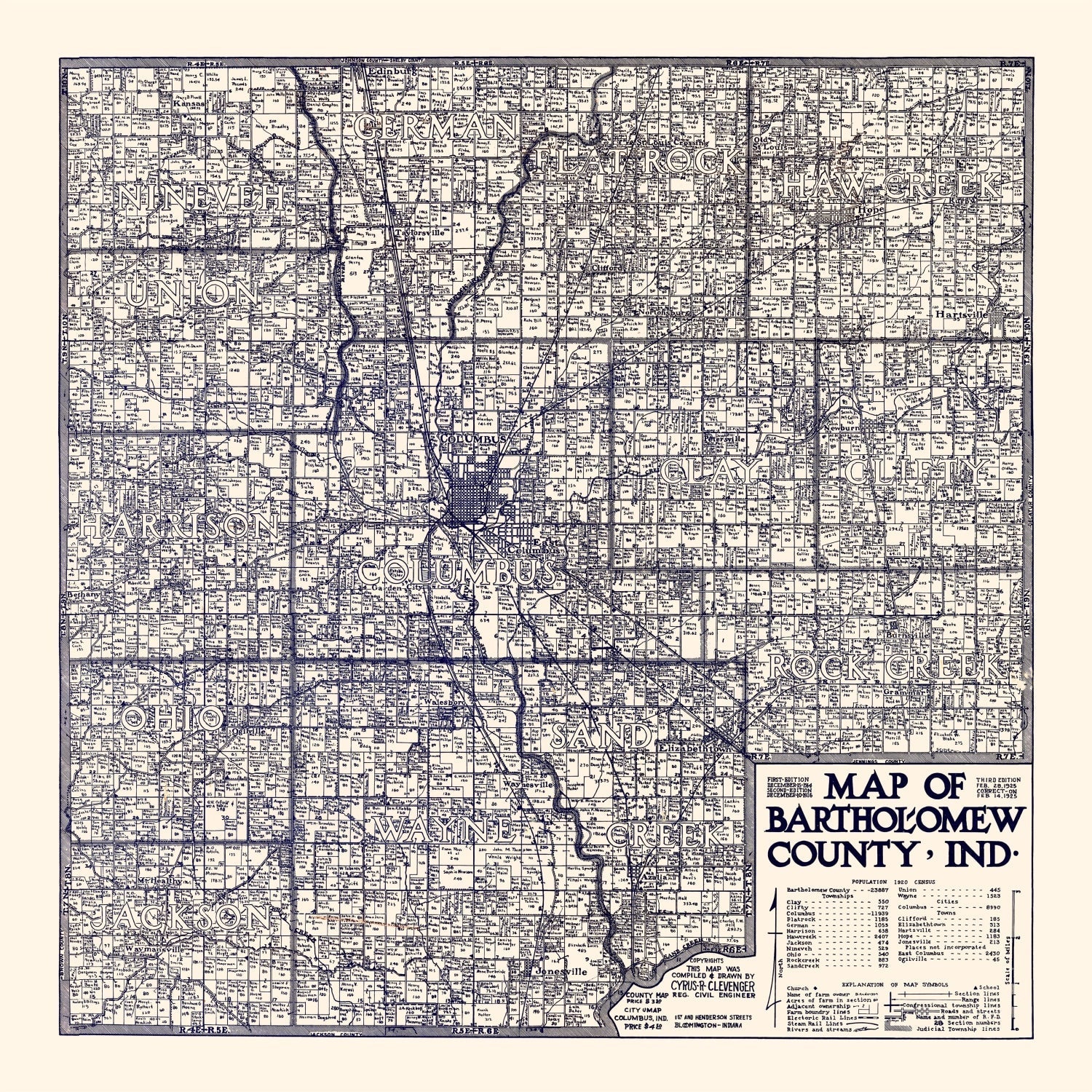 Vintage Map of Bartholomew County, Indiana 1925