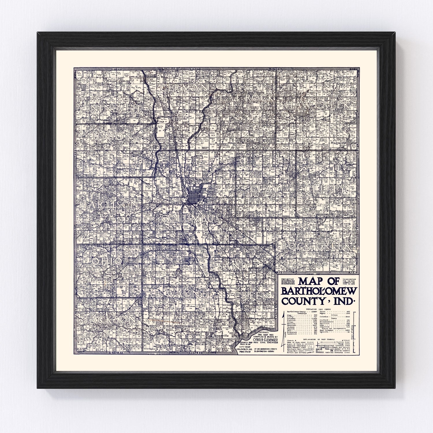 Vintage Map of Bartholomew County, Indiana 1925