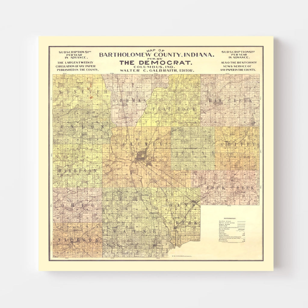 Vintage Map of Bartholomew County, Indiana 1910