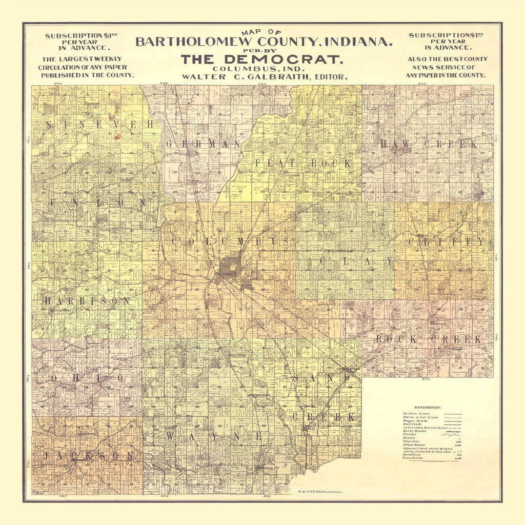 Vintage Map of Bartholomew County, Indiana 1910