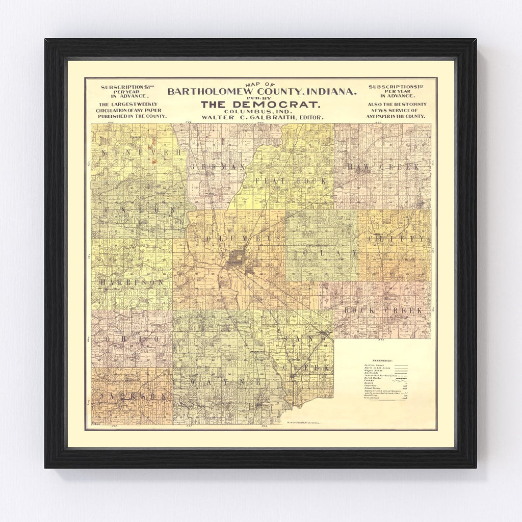Vintage Map of Bartholomew County, Indiana 1910