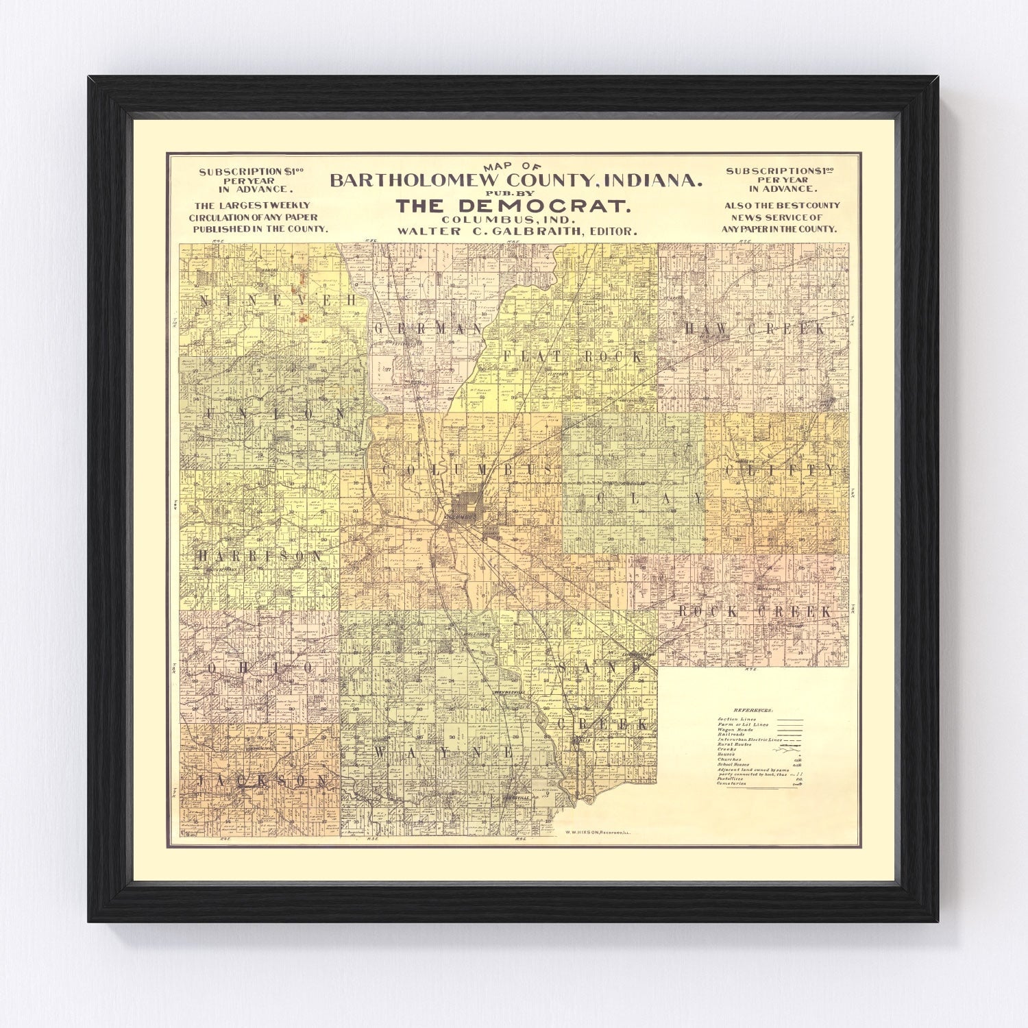 Vintage Map of Bartholomew County, Indiana 1910
