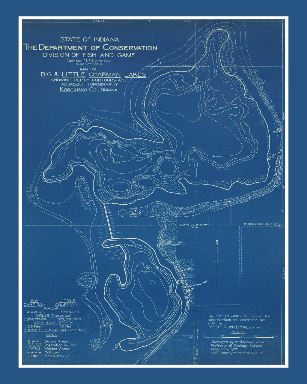 Vintage Big & Little Chapman Lakes, IN Map 1922