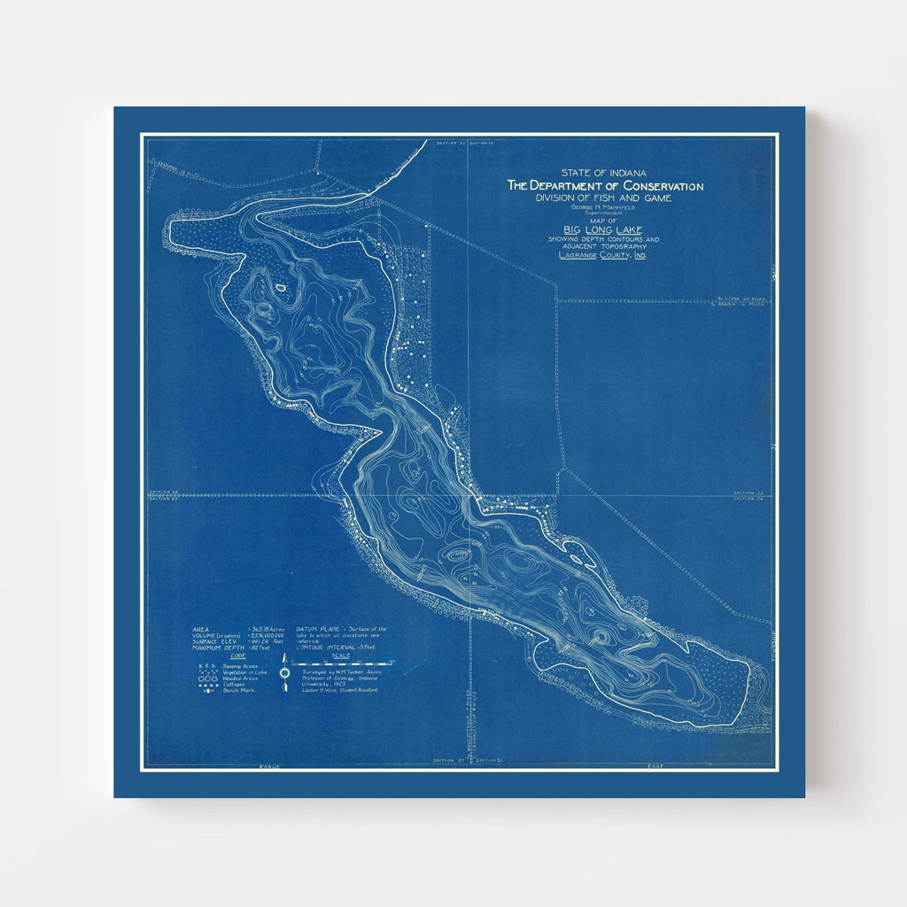Vintage Big Long Lake, IN Map 1925