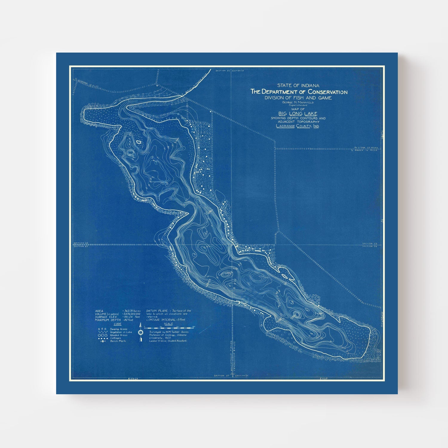 Vintage Big Long Lake, IN Map 1925