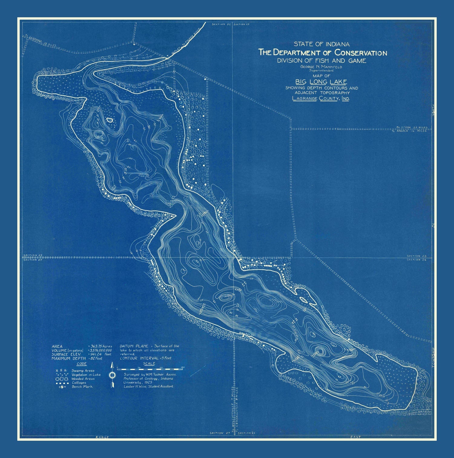 Vintage Big Long Lake, IN Map 1925