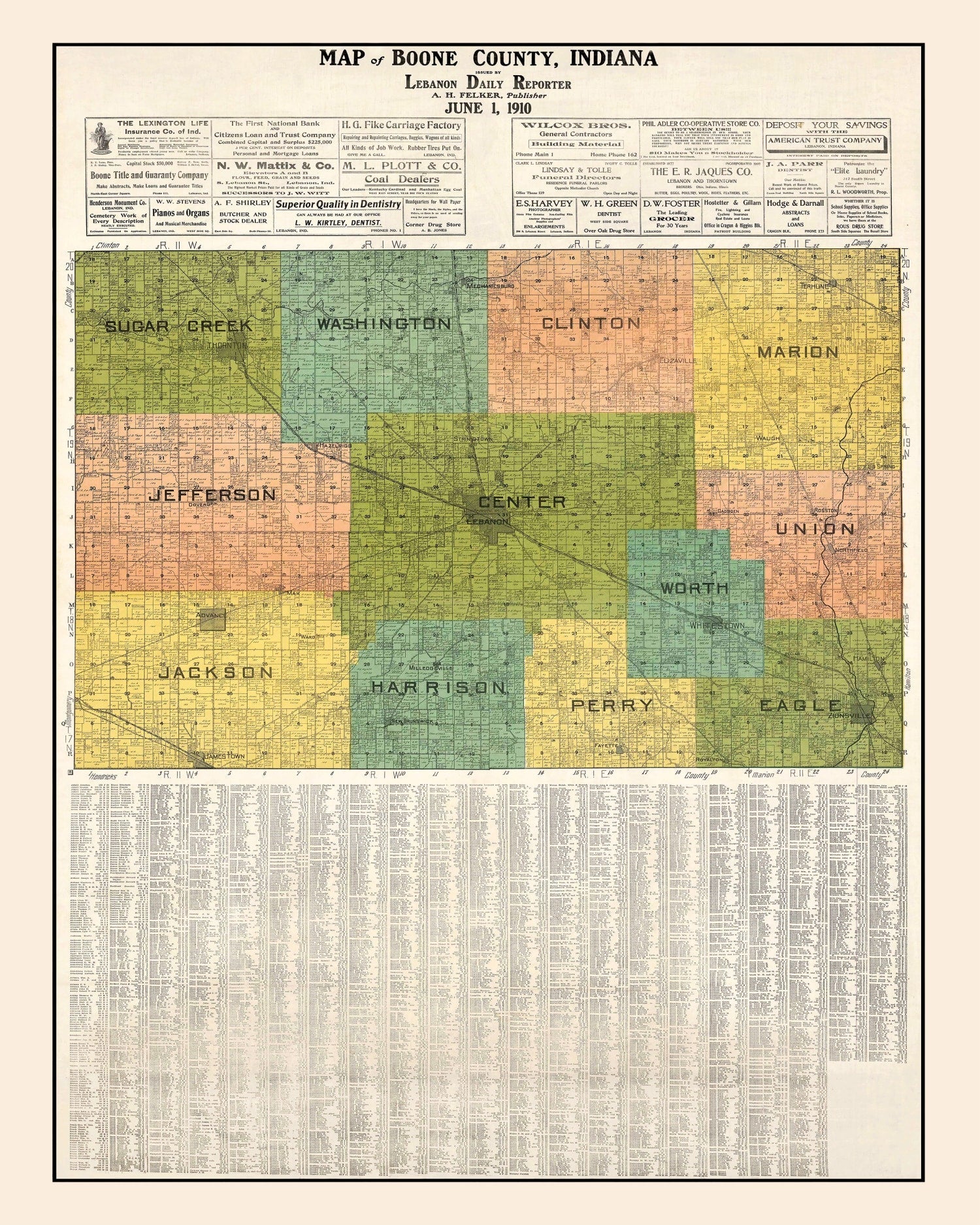 Vintage Map of Boone County, Indiana 1910