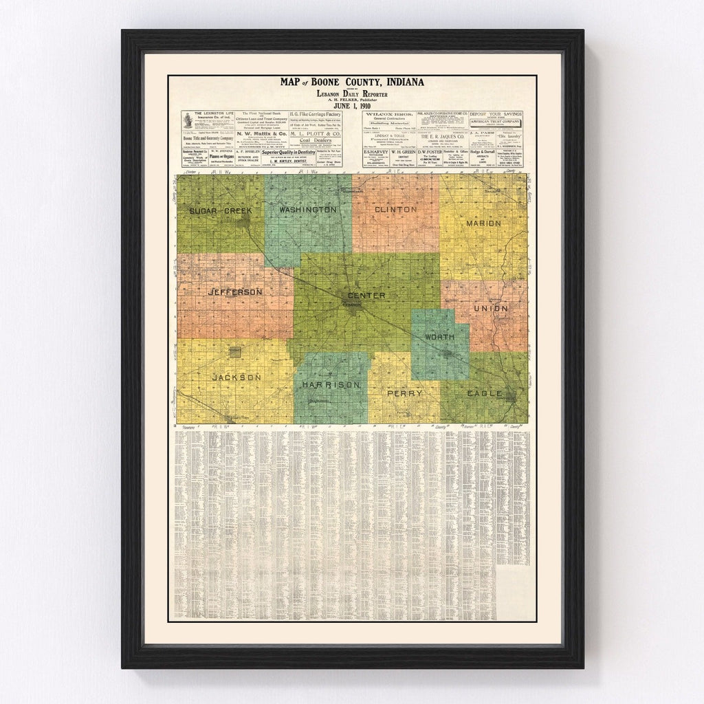 Vintage Map of Boone County, Indiana 1910