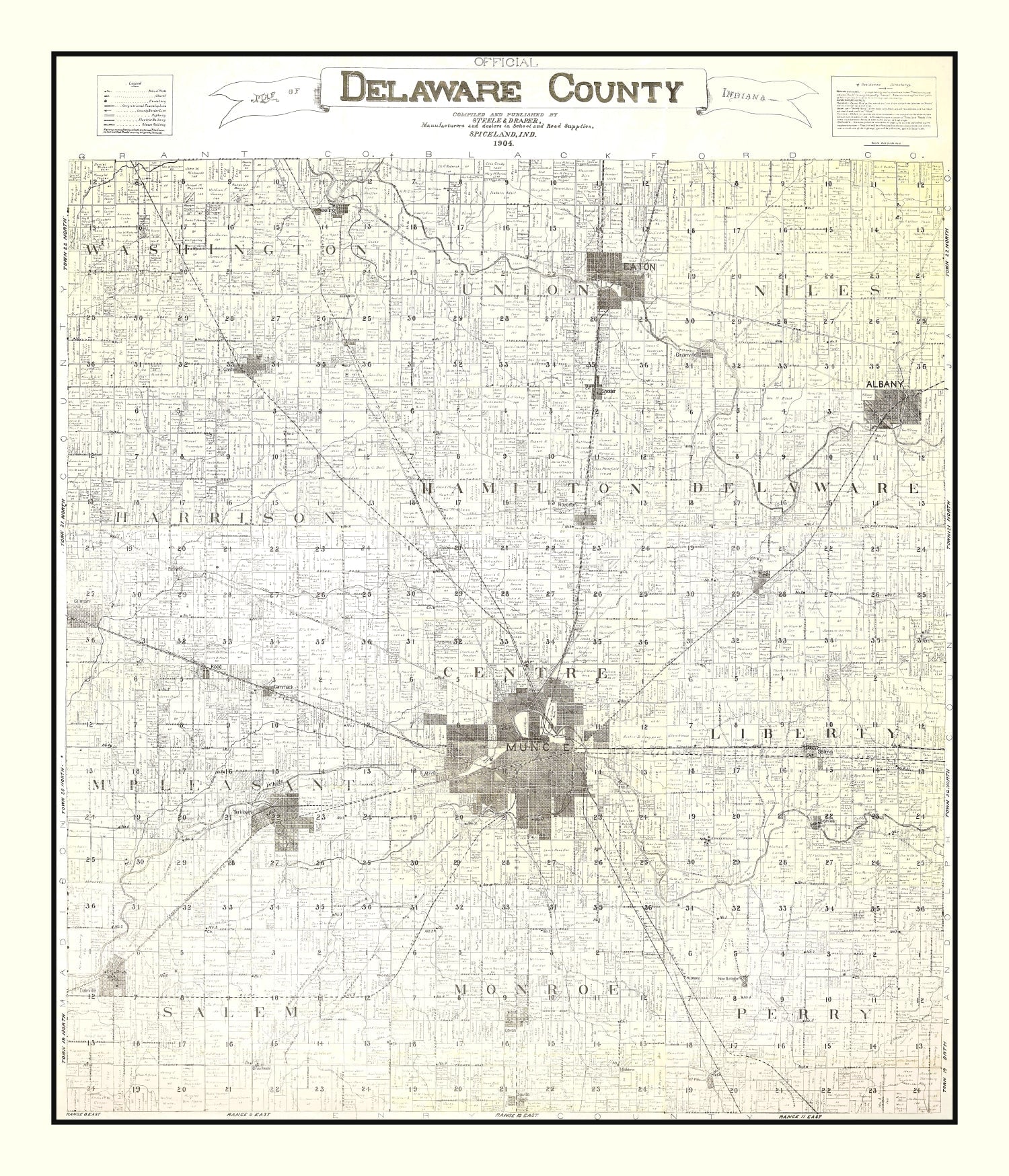 Vintage Map of Delaware County, Indiana 1904