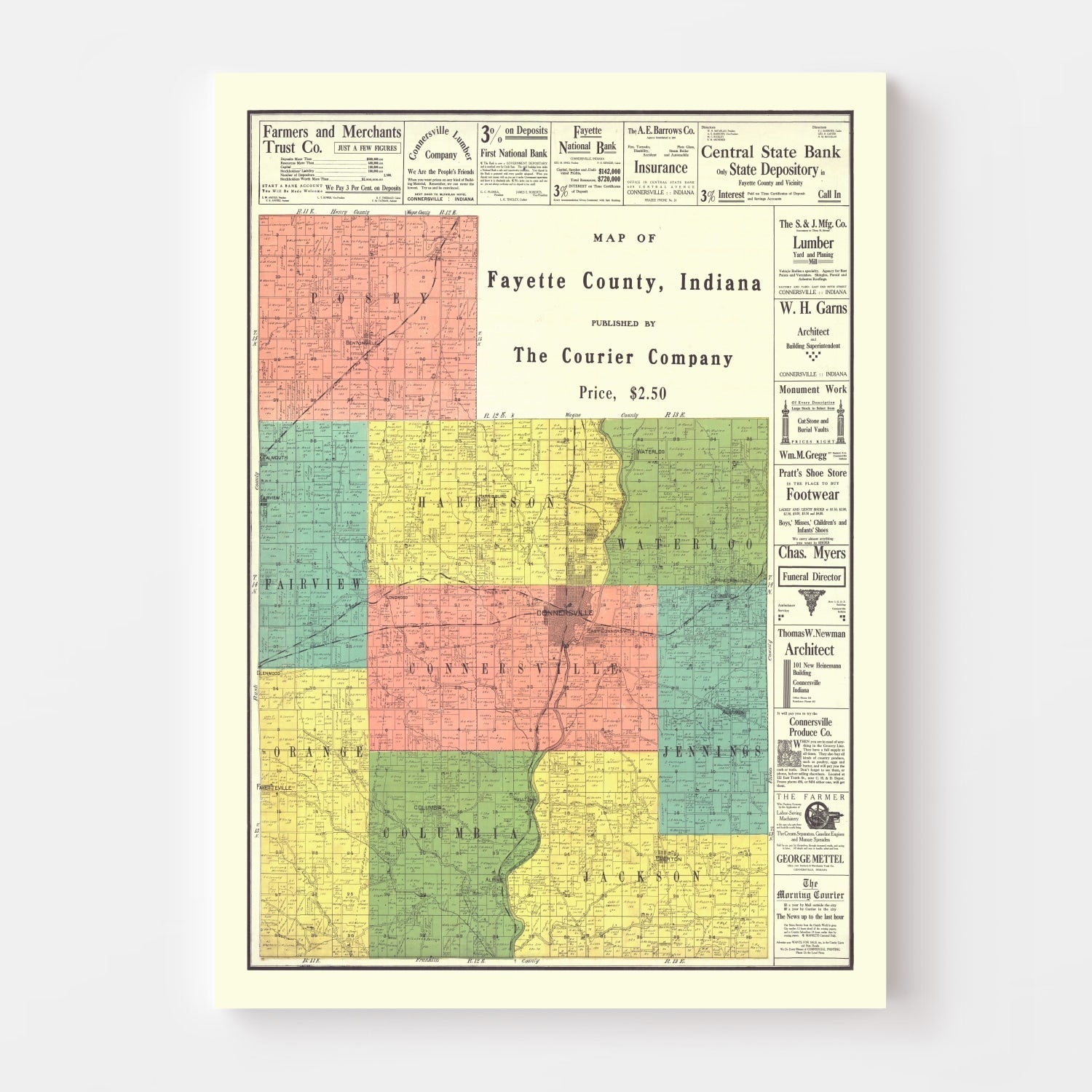 Vintage Map of Fayette County, Indiana 1917