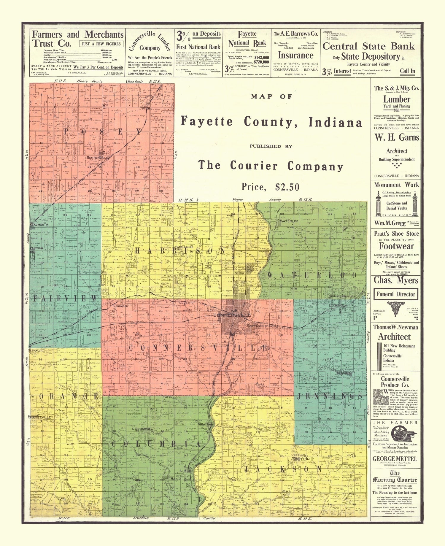 Vintage Map of Fayette County, Indiana 1917