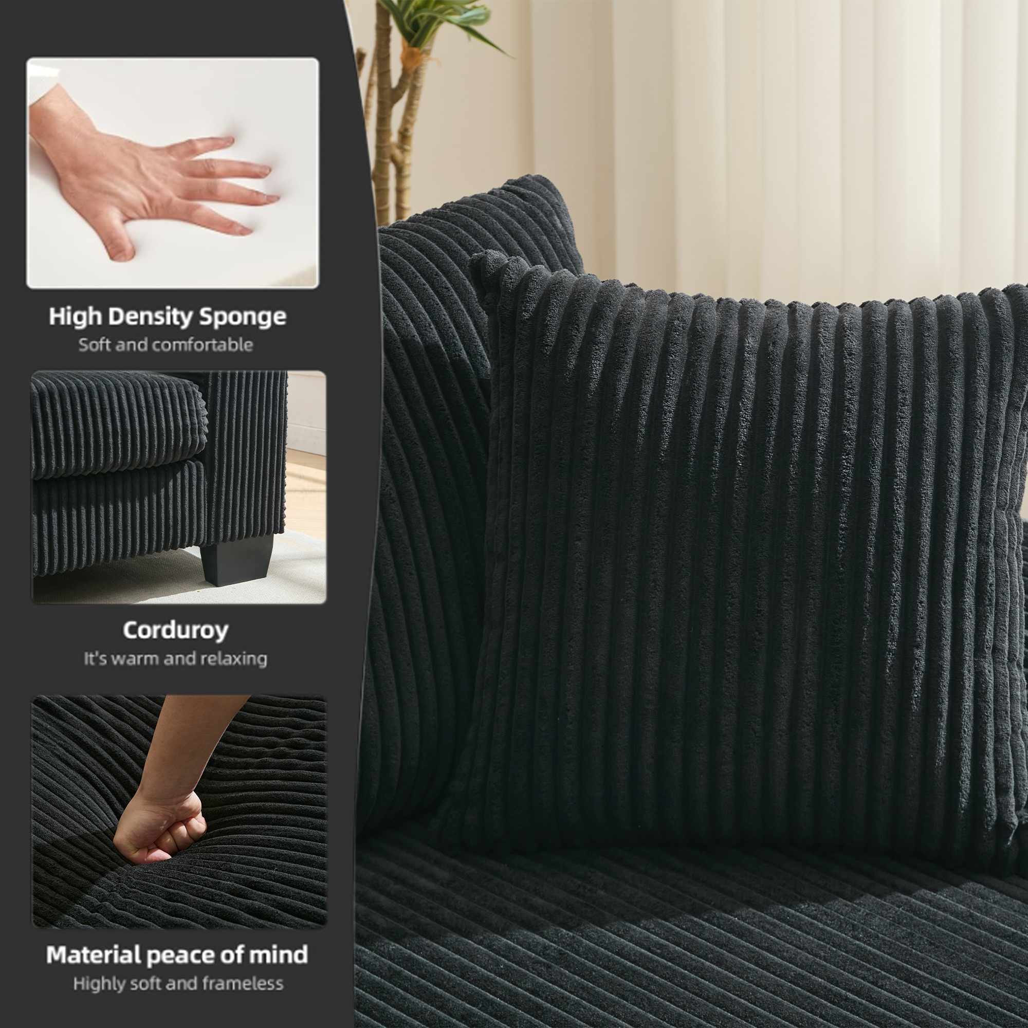 [NEW ARRIVED] [VIDEO PROVIDED]   114' Sleeper Sofa,U Shaped Sofa , Pull Out Bed,Convertible Oversize 2 in 1 Sleeper Sofa, Living Room,Upholstery Sofa Bed,Adjustable Sleeper Sofa,Corduroy,Black