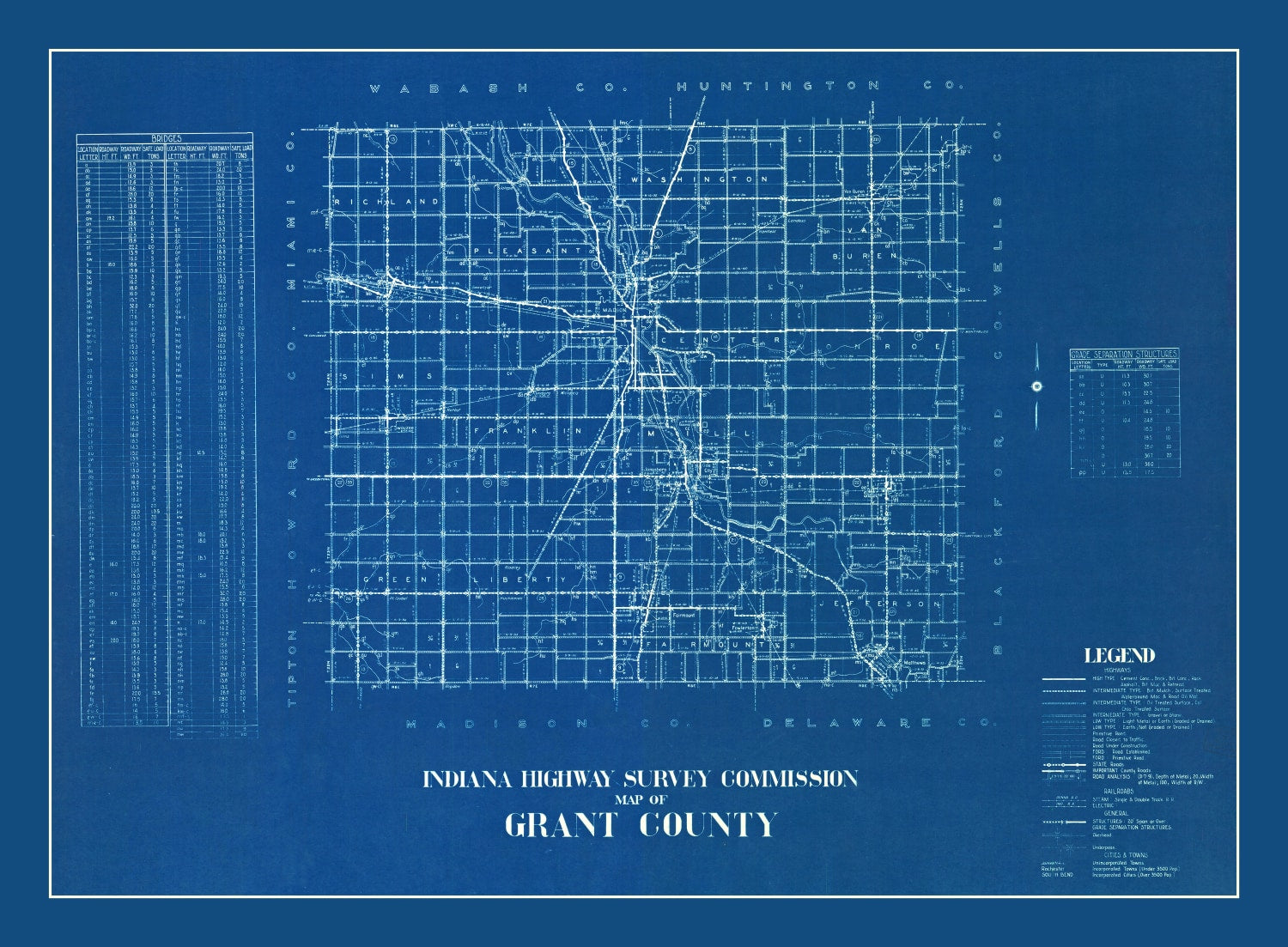 Vintage Map of Grant County, Indiana 1936