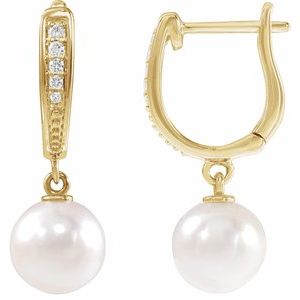 14K Yellow Gold Cultured White Akoya Pearl & .03 CTW Natural Diamond Earrings
