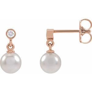 14K Rose Gold Cultured White Akoya Pearl & .06 CTW Natural Diamond Earrings