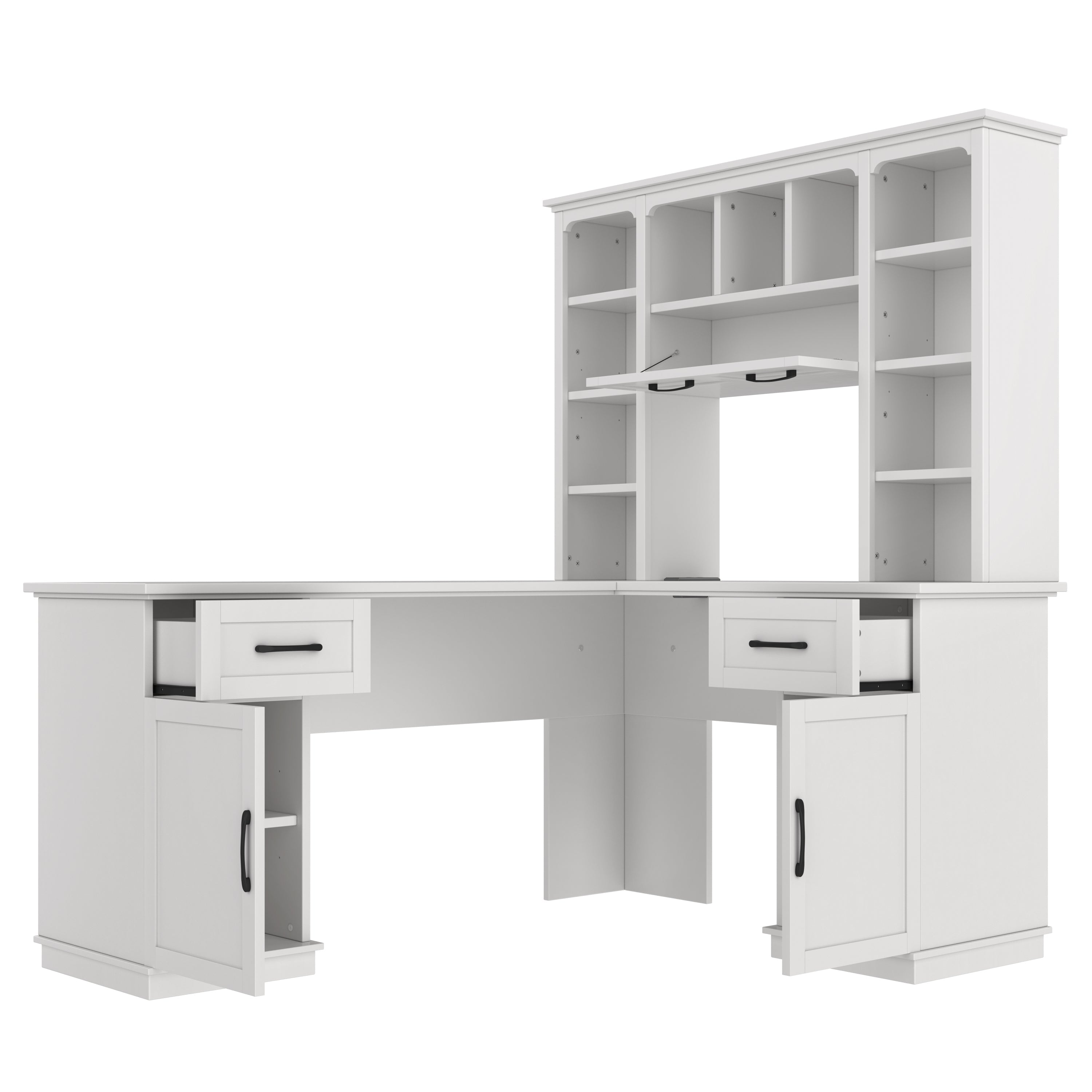 L-Shaped Computer Desk with 2 Cabinets and 2 Drawers, 11 Open Shelves , with Electrical Outlet, for Study, Living Room and Office, White