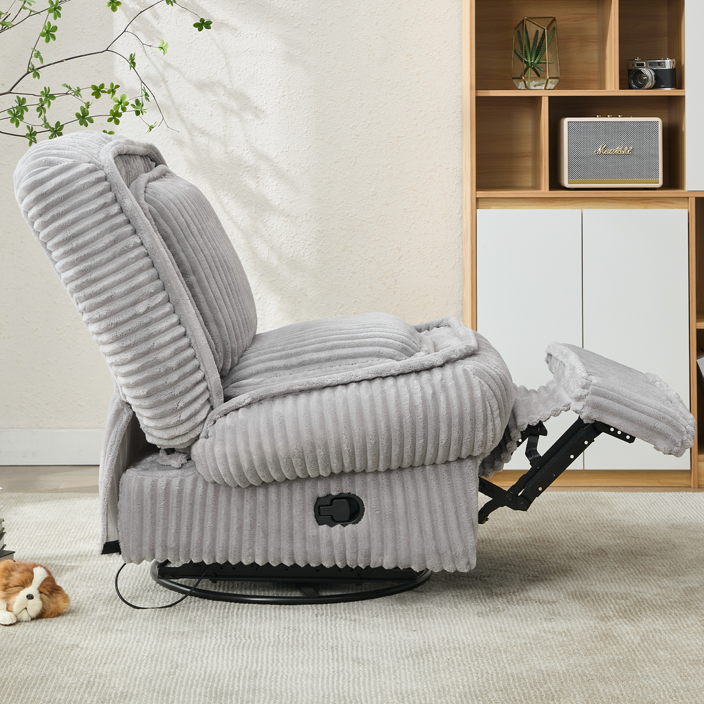 [NEW ARRIVED] 360° Swivel Rocking Single Sofa,Recliner Sofa, Manual Glider Rocking Armless Chair,Living Room Office, With Adjustable Backrest and Footrest and pillows, Small Spaces,Corduroy , Gray