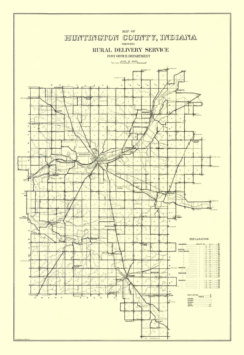 Vintage Map of Huntington County, Indiana 1910