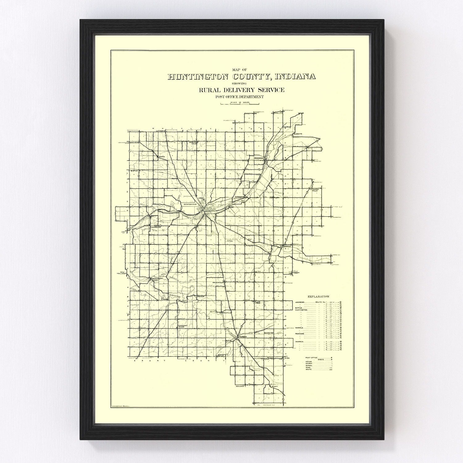 Vintage Map of Huntington County, Indiana 1910
