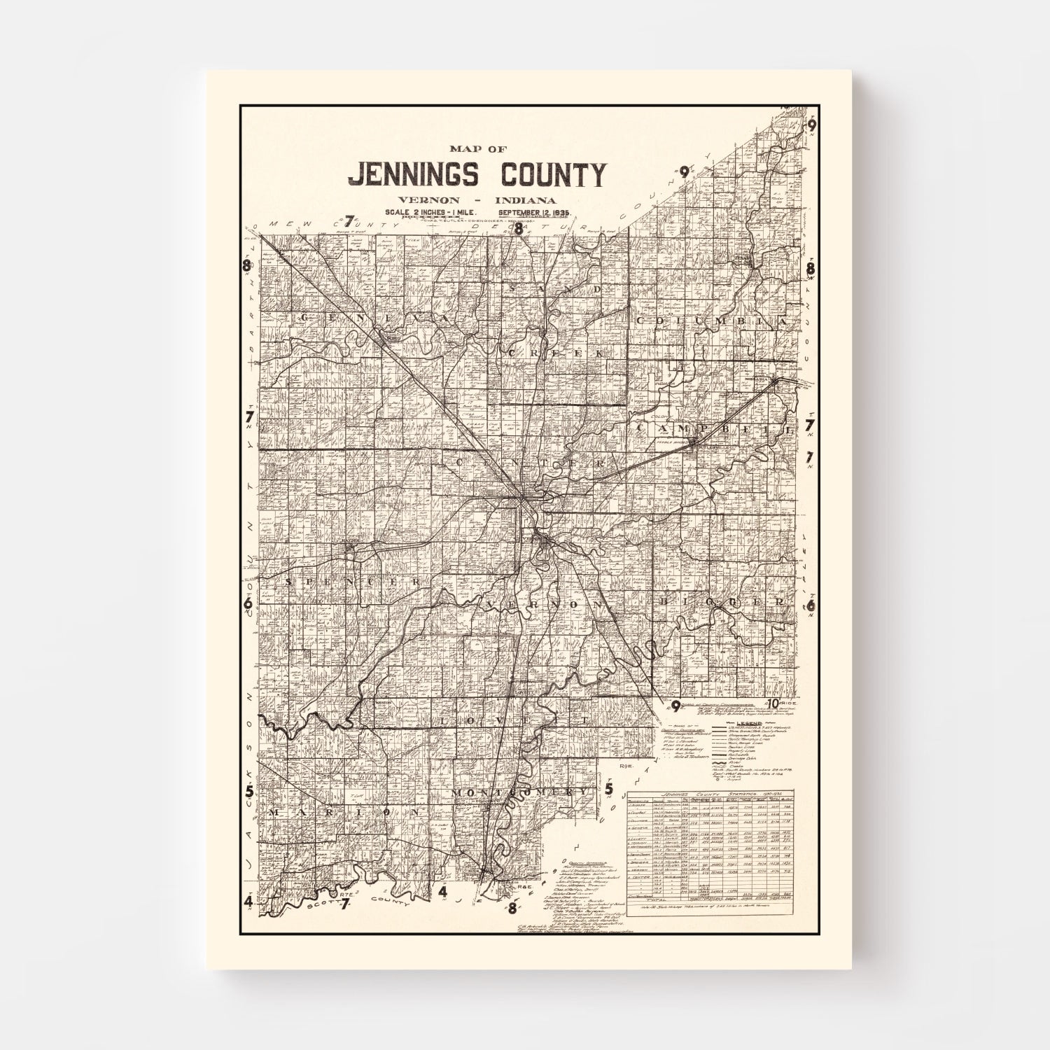 Vintage Map of Jennings County, Indiana 1935