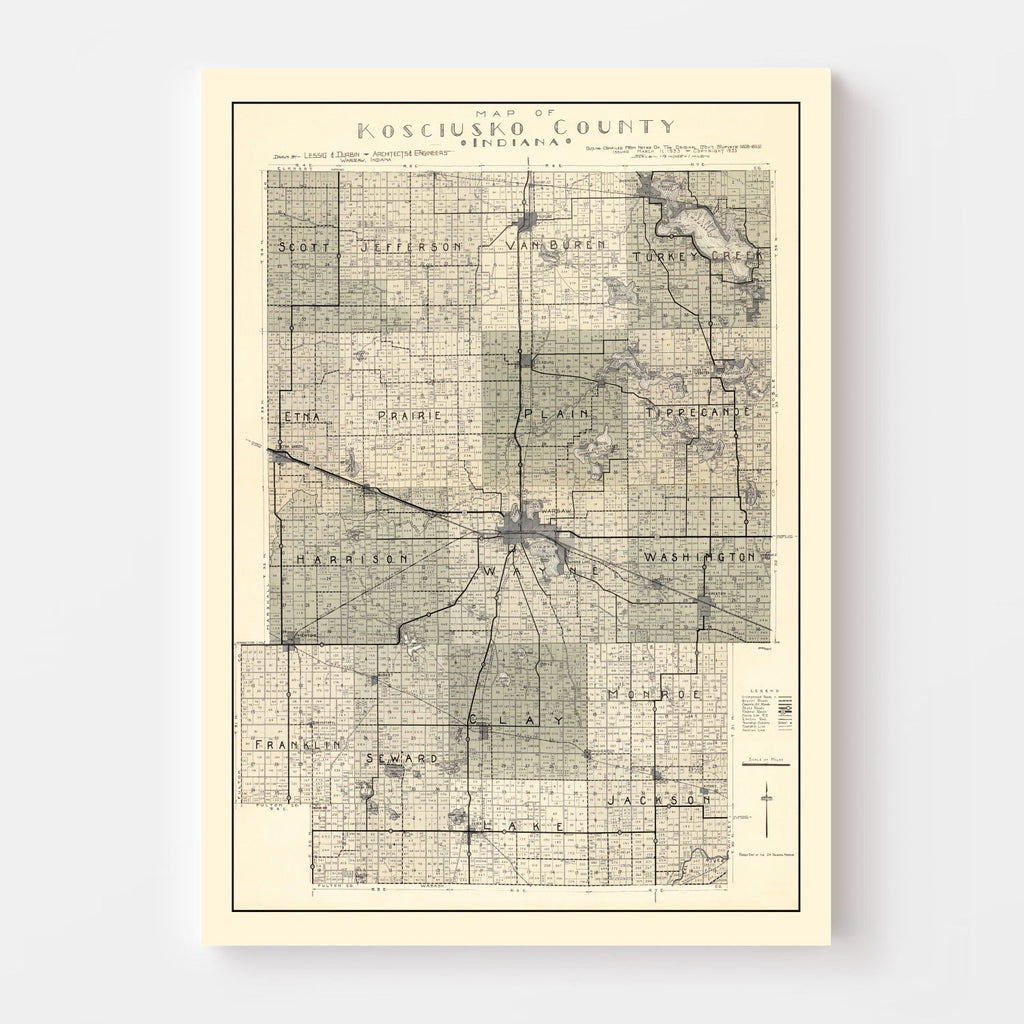 Vintage Map of Kosciusko County, Indiana 1933