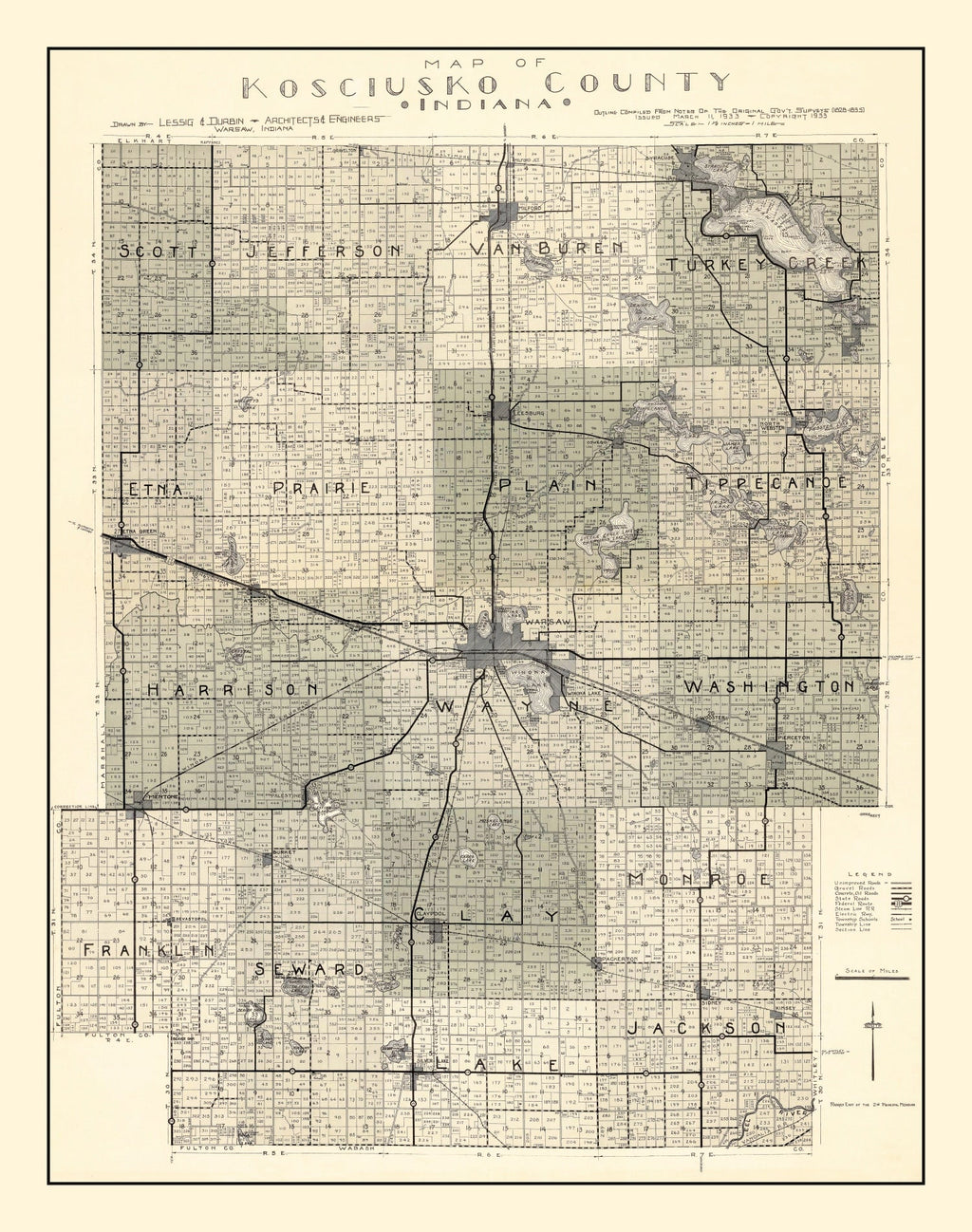 Vintage Map of Kosciusko County, Indiana 1933