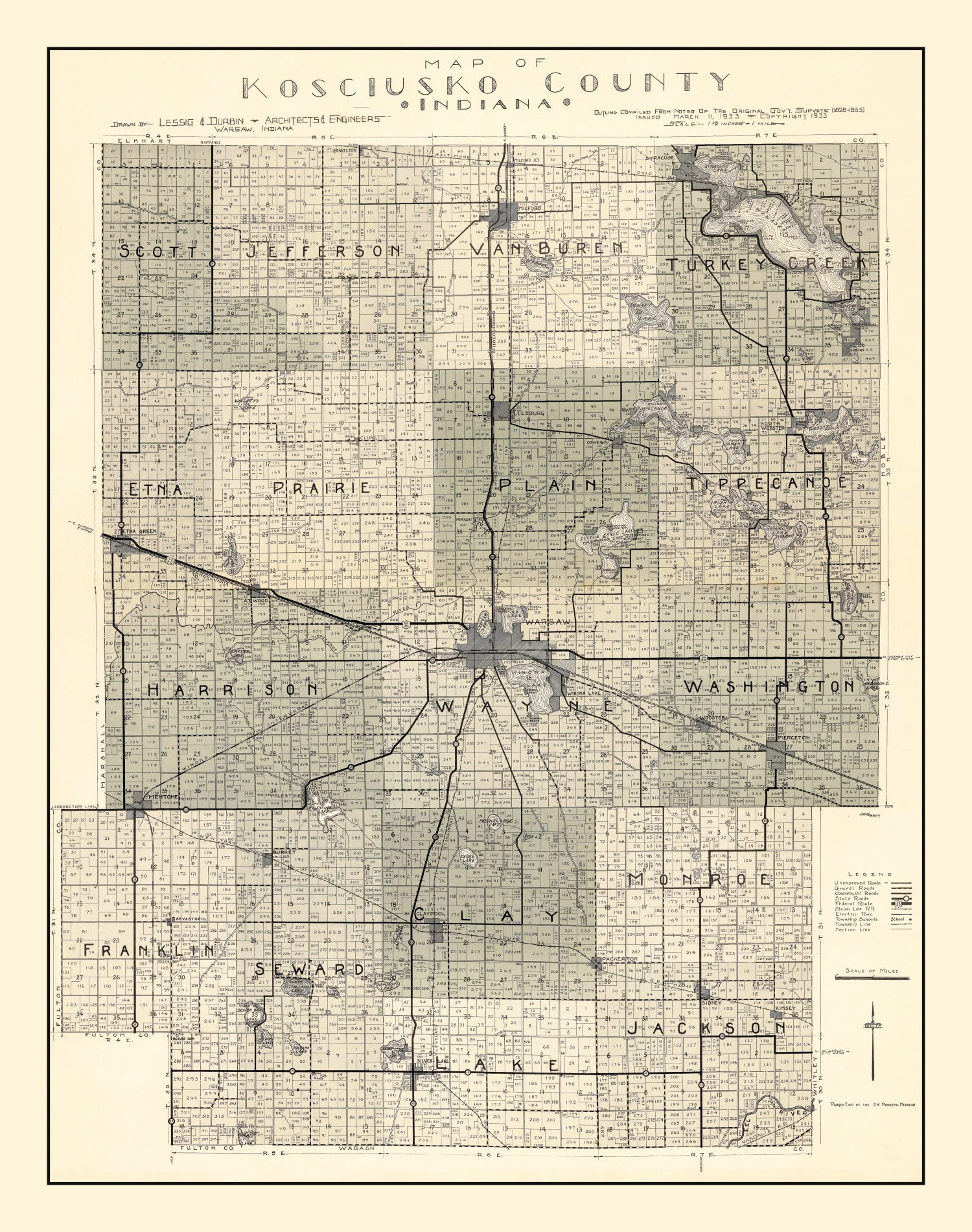 Vintage Map of Kosciusko County, Indiana 1933
