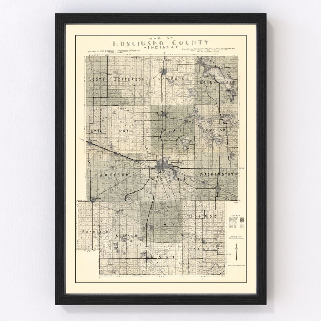 Vintage Map of Kosciusko County, Indiana 1933